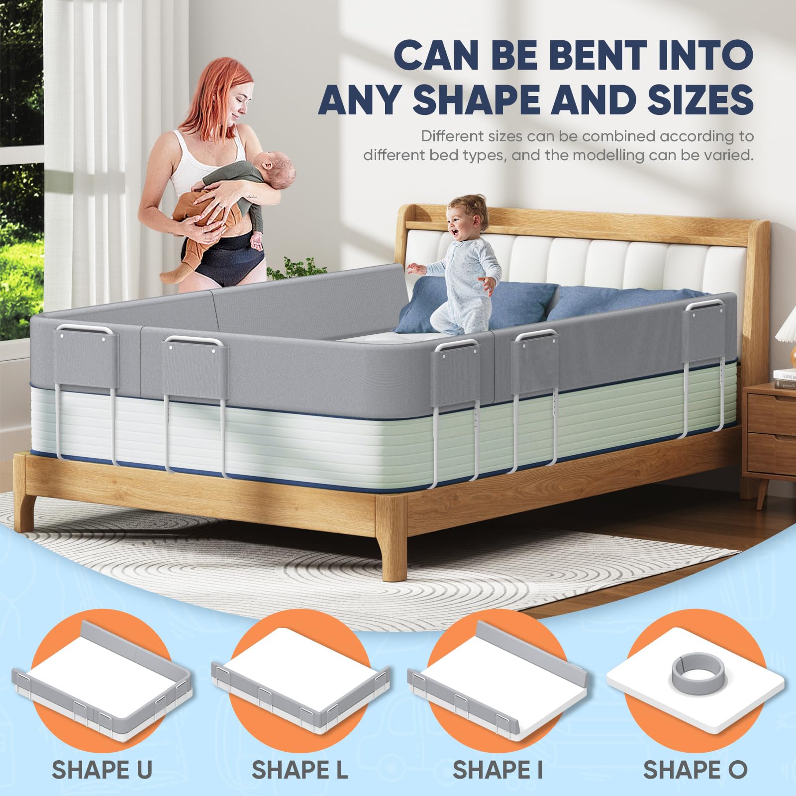 Barra Letto Bambini Anticaduta, 180cm Sponda Letto Bambini, Barriera di Sicurezza Letto per Bambini, Paracolpi Letto, 5 Fori, Regolabile in Altezza, Protezioni Laterali, Lino Grigio