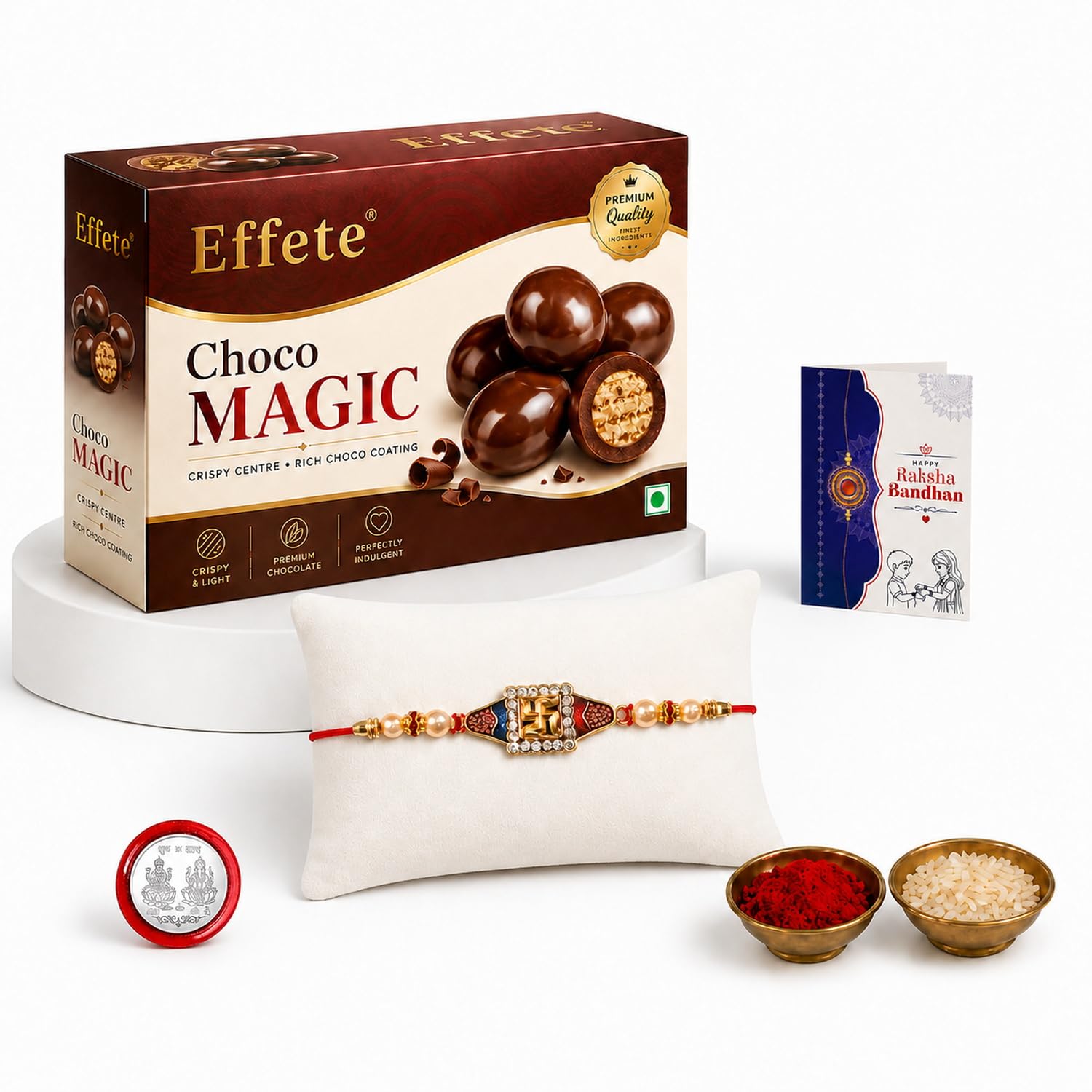 DeoDap Multicolor Ganesh Rakhi / Bracelet (K1_257_CM32) & Effete Chocolate Magic 32gm with Silver Color Pooja Coin, Roli Chawal & Greeting Card | Occasion | Rakhi for brother with gift | with chocolate | combo for brother | Set of 1 With Chocolate Gift combo |