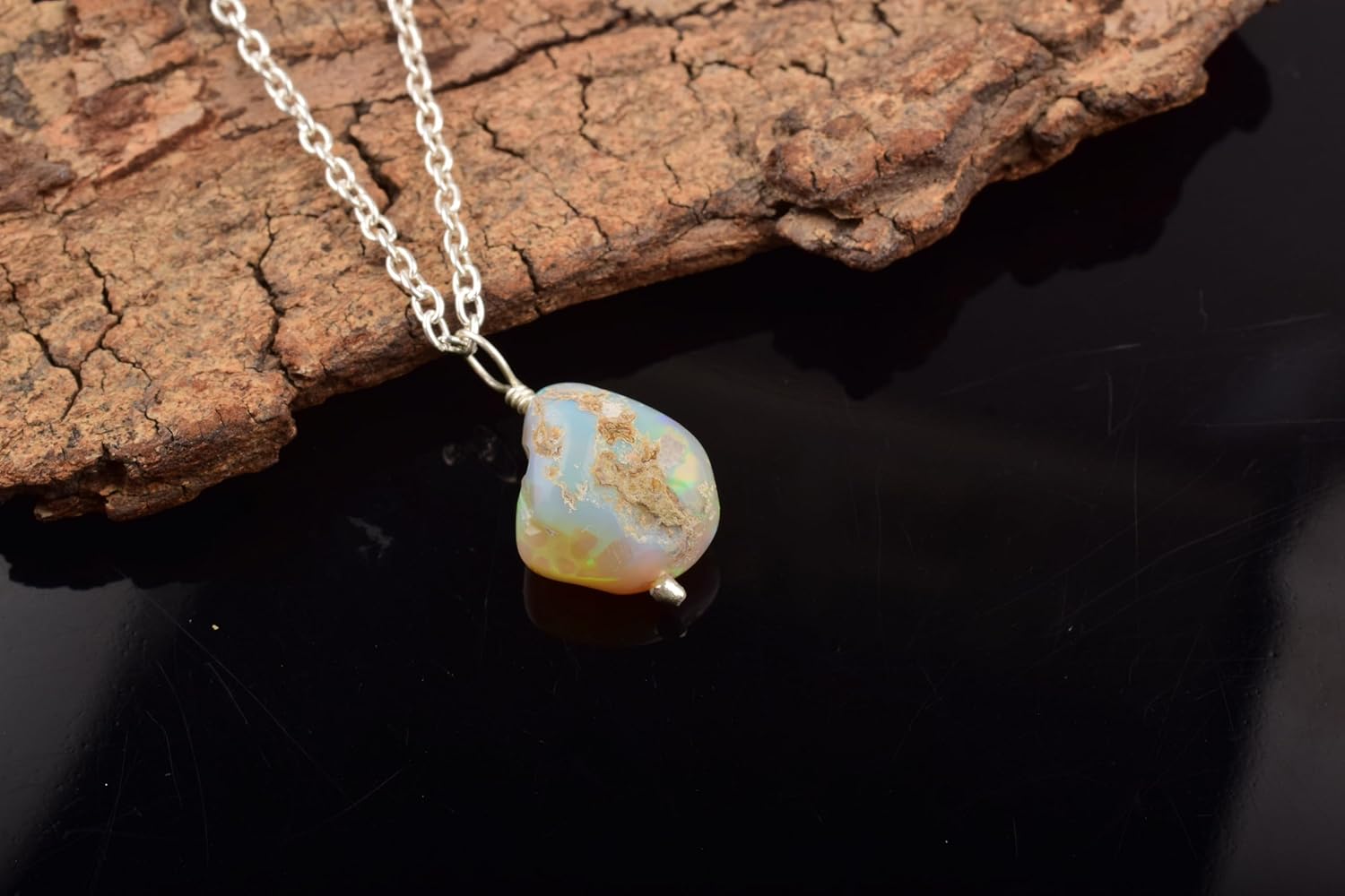 Natural Raw Ethiopian Opal Stone Rough Crystal Gemstone Dainty Women Pendant Necklace, Chakra Healing Crystals, Birthstone, Gift 18 inch Chain - Image 3