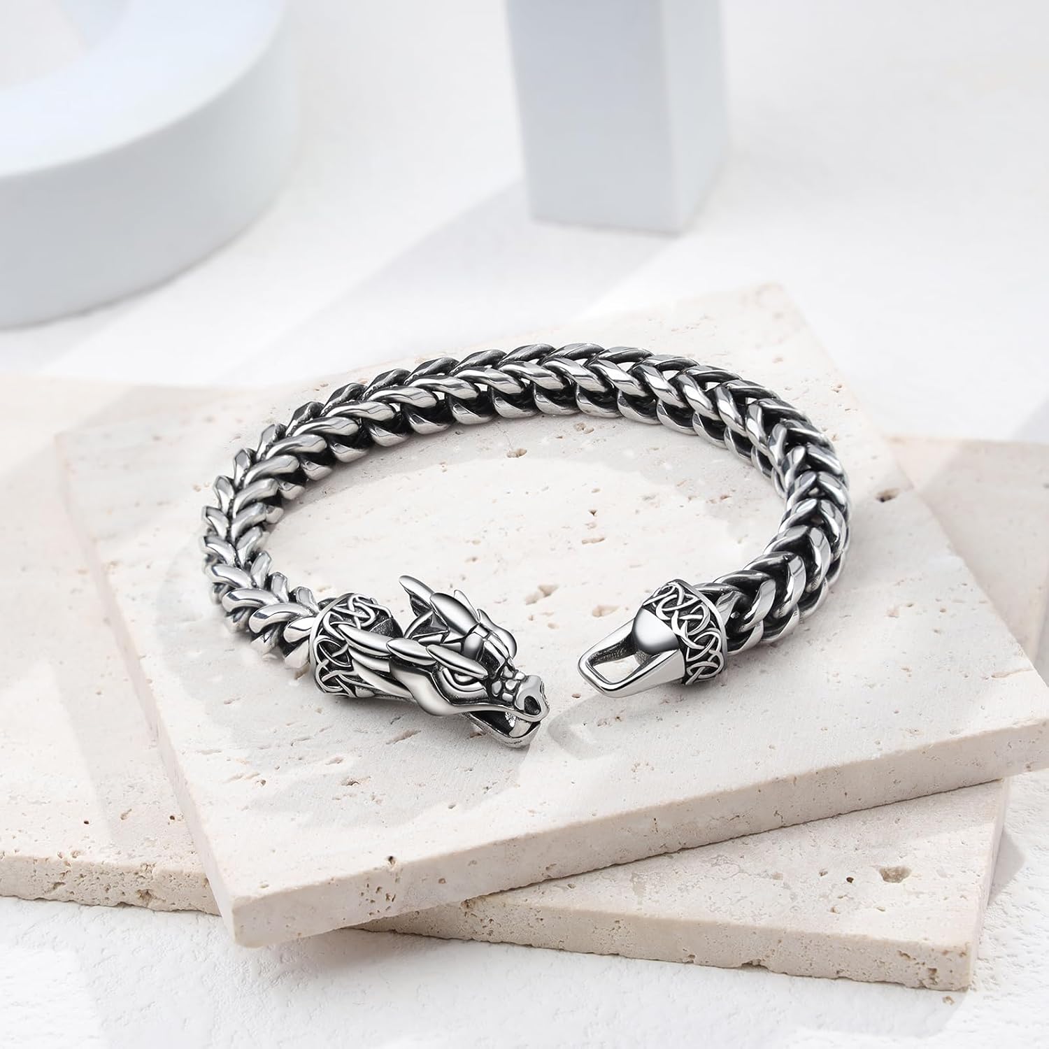 Viking Dragon Bracelet for Men, 316L Stainless Steel Cuban Link Chain 10mm Width, 8 Inch Length, Vintage Silver/Black/Steel/Gold, Punk Norse Jewelry Gifts for Him Husband - Image 2