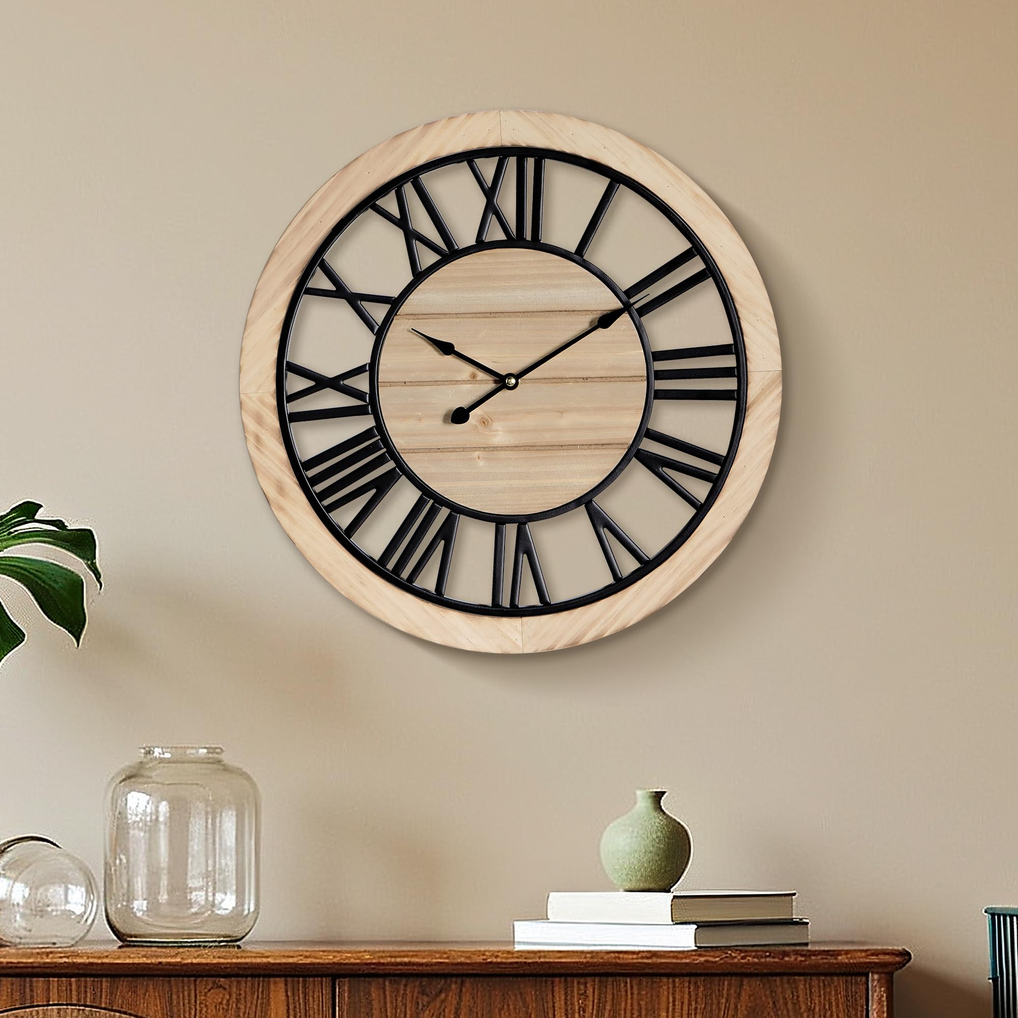 Maxstar 16'' Wall Clock for Living Room Decor, Ultra-Silent Rustic Wooden Farmhouse Wall Clock with Metal & Real Wood Frame, Battery Operated, for Kitchen Bedroom Office, Roman Numerals