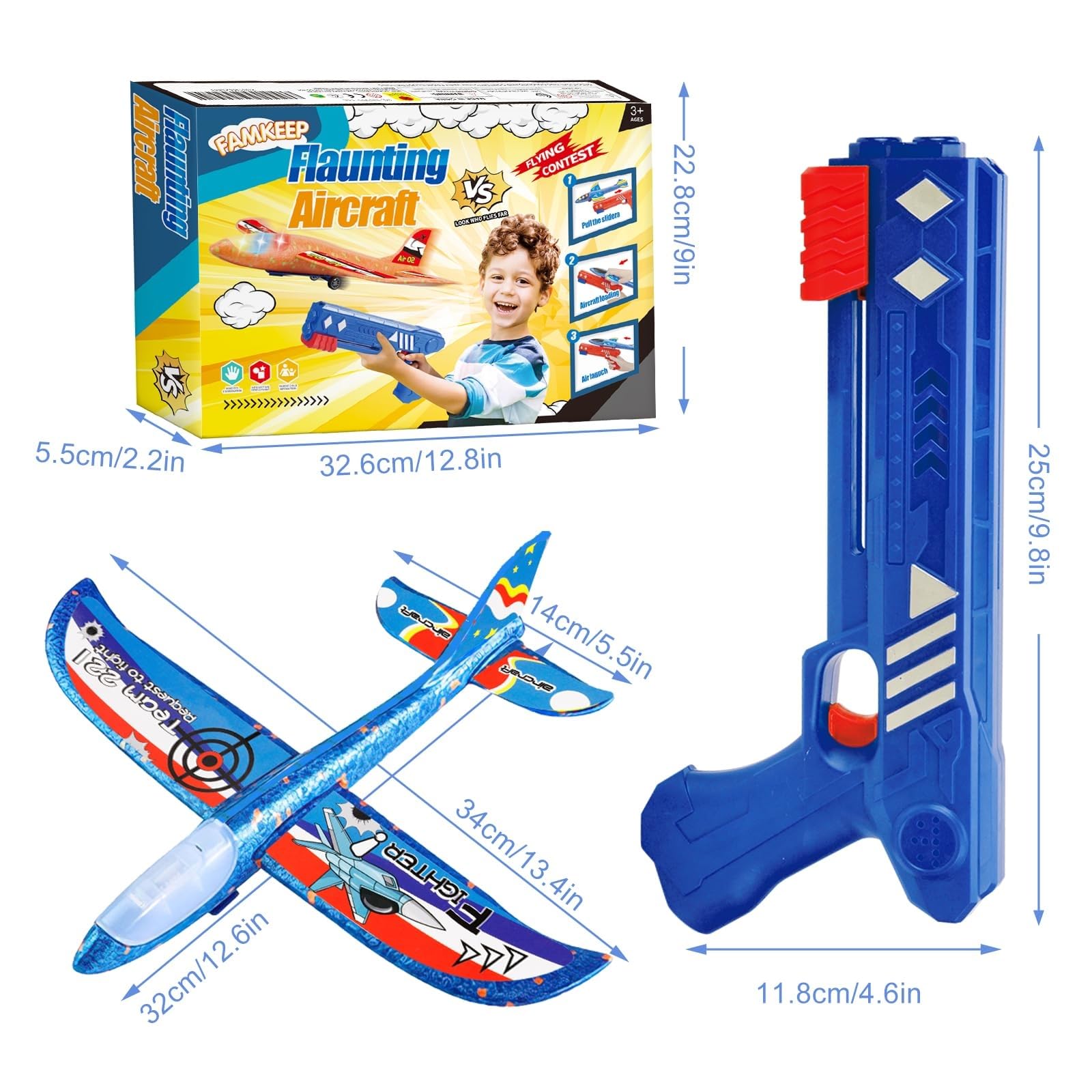 FAMKEEP Giocattoli Lanciatore Aereo,Aereo Giocattolo Aliante Aeroplano Schiuma per Bambini, Giochi Giardino Esterno All'aperto Interattivi Gioco Bimbi 3 4 5 6 7 8 9 10 Anni