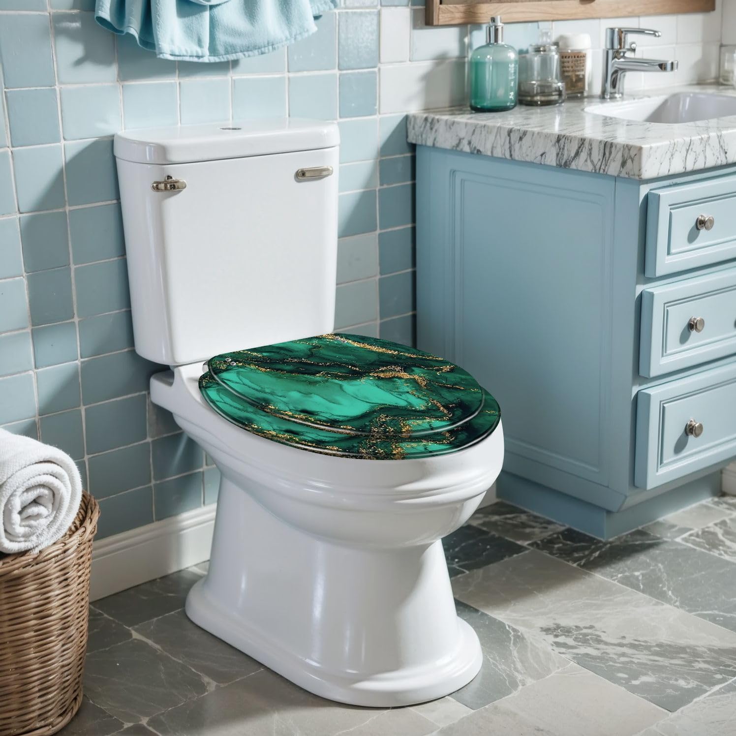 Round Toilet Seat Black green watercolor gold glitter Watercolor alcohol ink splash Resin Toilet Seat Slow Quiet Close with Quick-Release Hinges Toilet Seat with Cover Easy to Clean Install