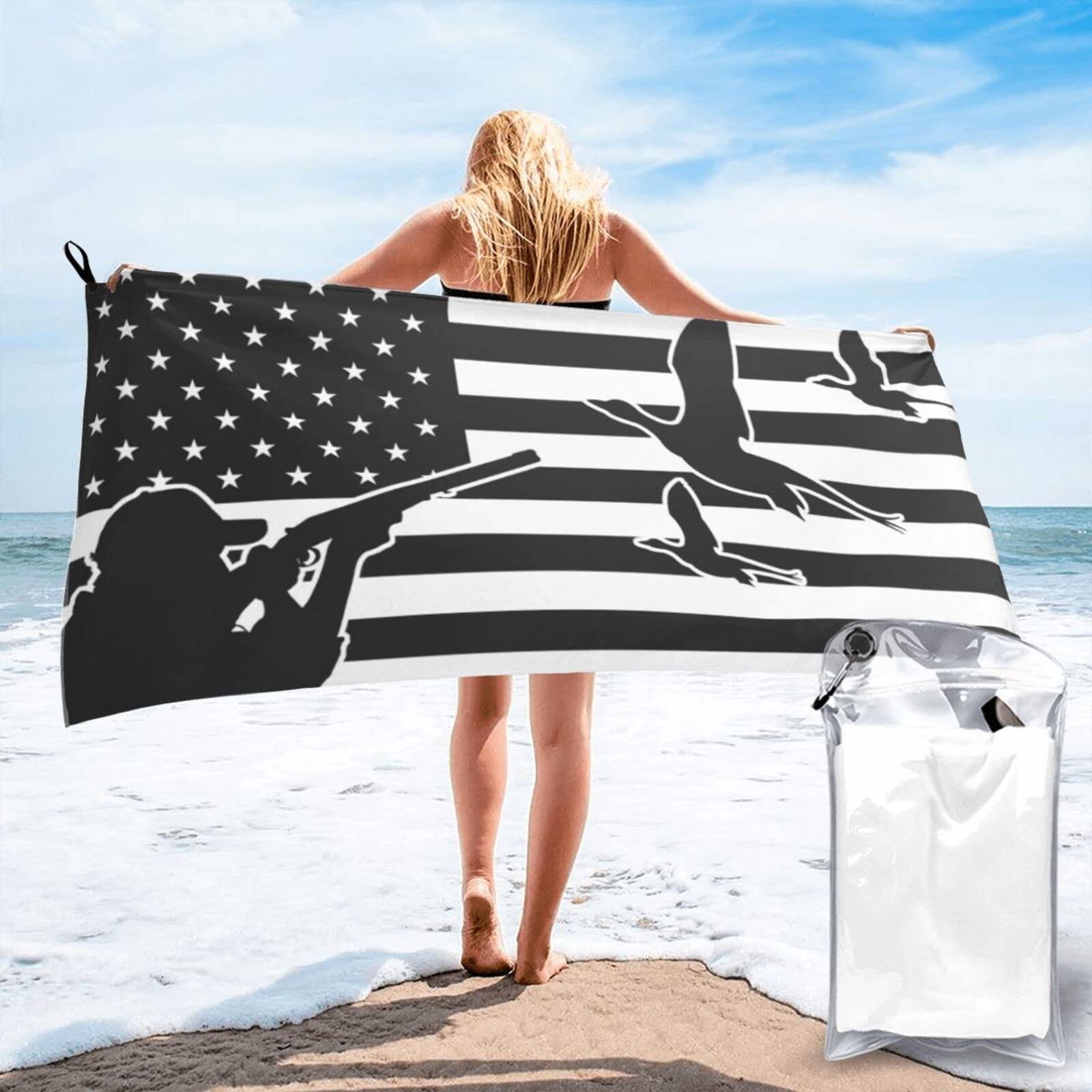 Lawenp Duck Hunting USA Flag Microfiber Beach Towel Adults Large Quick Drying Bath Towel Travel Towels with Pouch 27.5"x55"
