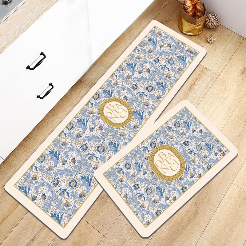 Image of HomeCloud Rubber Kitchen Mats for Floor Set of 2 Pcs|Non-Skid, Soft Absorbent Rugs for Kitchen, Laundry, and Hallway|120x40cm, 40x60cm| 4mm Thickness (Botanica Beige Blue)