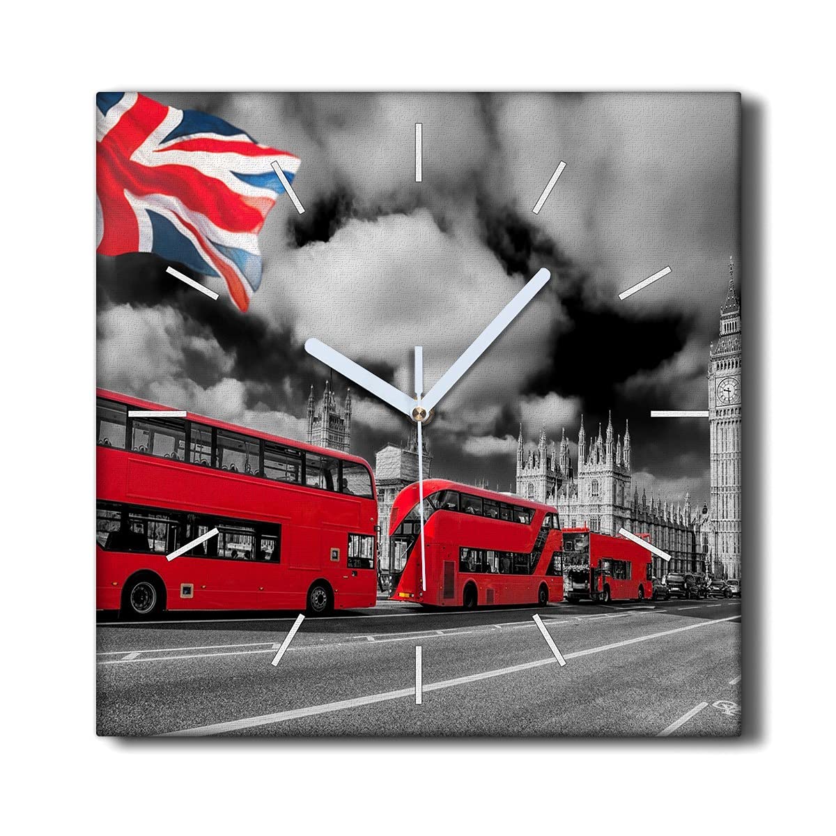Horloge sur Toile Décoration Murale Salon Horloge Murale 30x30cm Sans Tic-Tac Motif Bus Londres