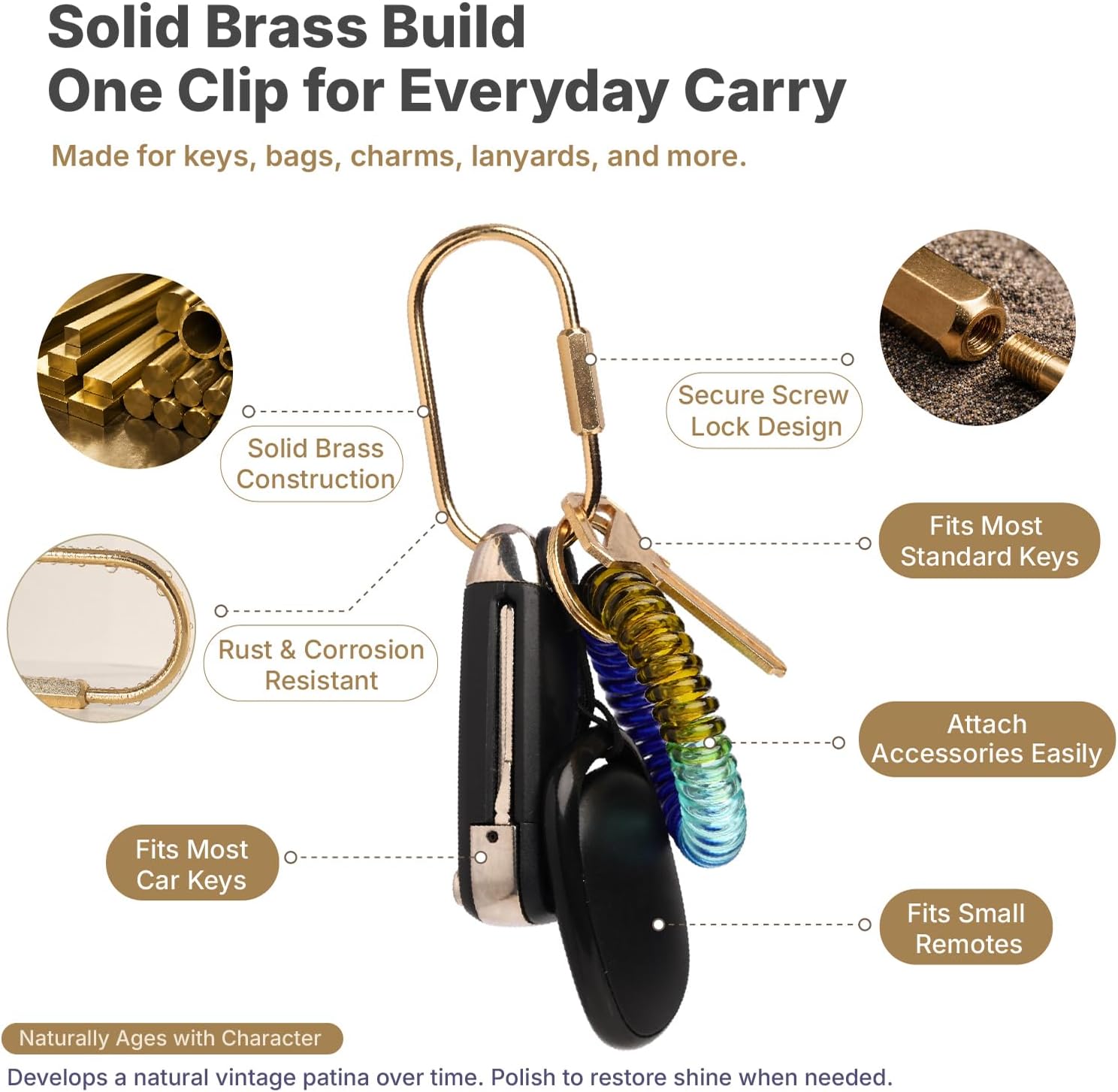 Solid Brass Keychain Set, Gold Screw Lock Carabiner Clips with Key Rings, Lanyard Straps & Mini Wrench, Secure Key Ring Organizer for Keys, Bag Charms, Purse Accessories, EDC Gear