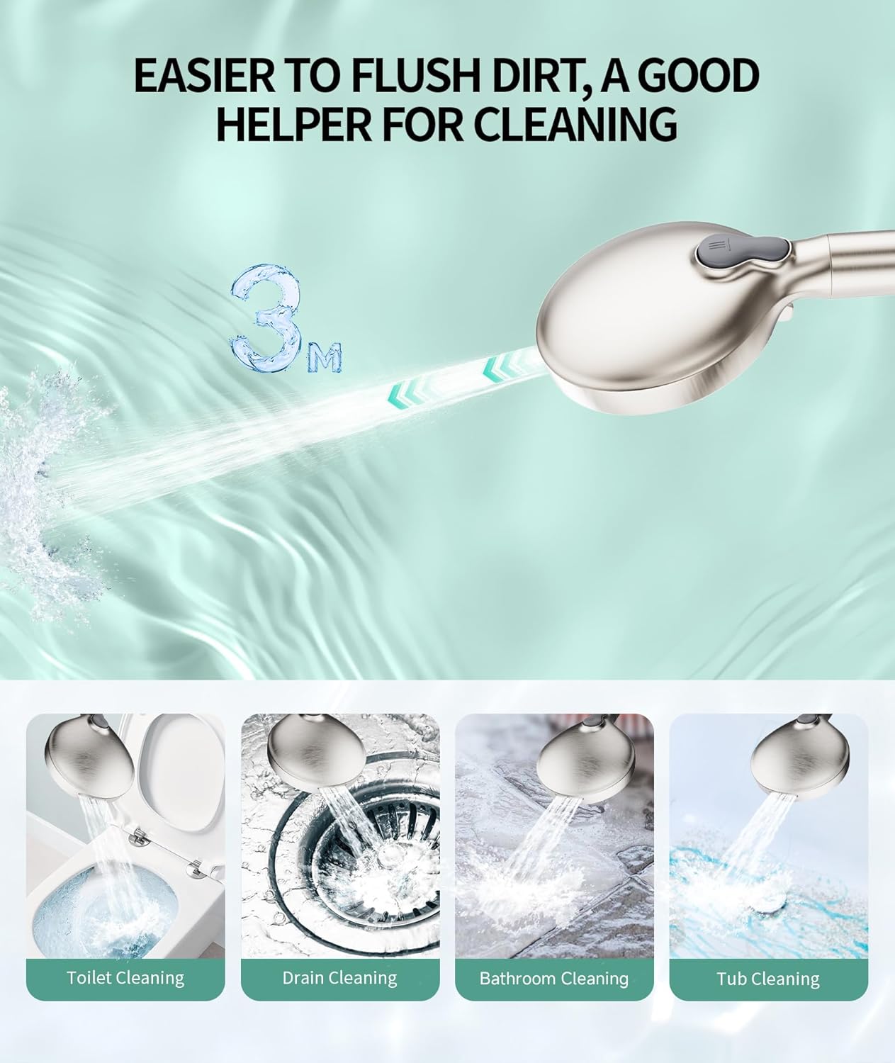 Image showing the power wash mode being used for various cleaning tasks: toilet cleaning, drain cleaning, bathroom cleaning, and tub cleaning.