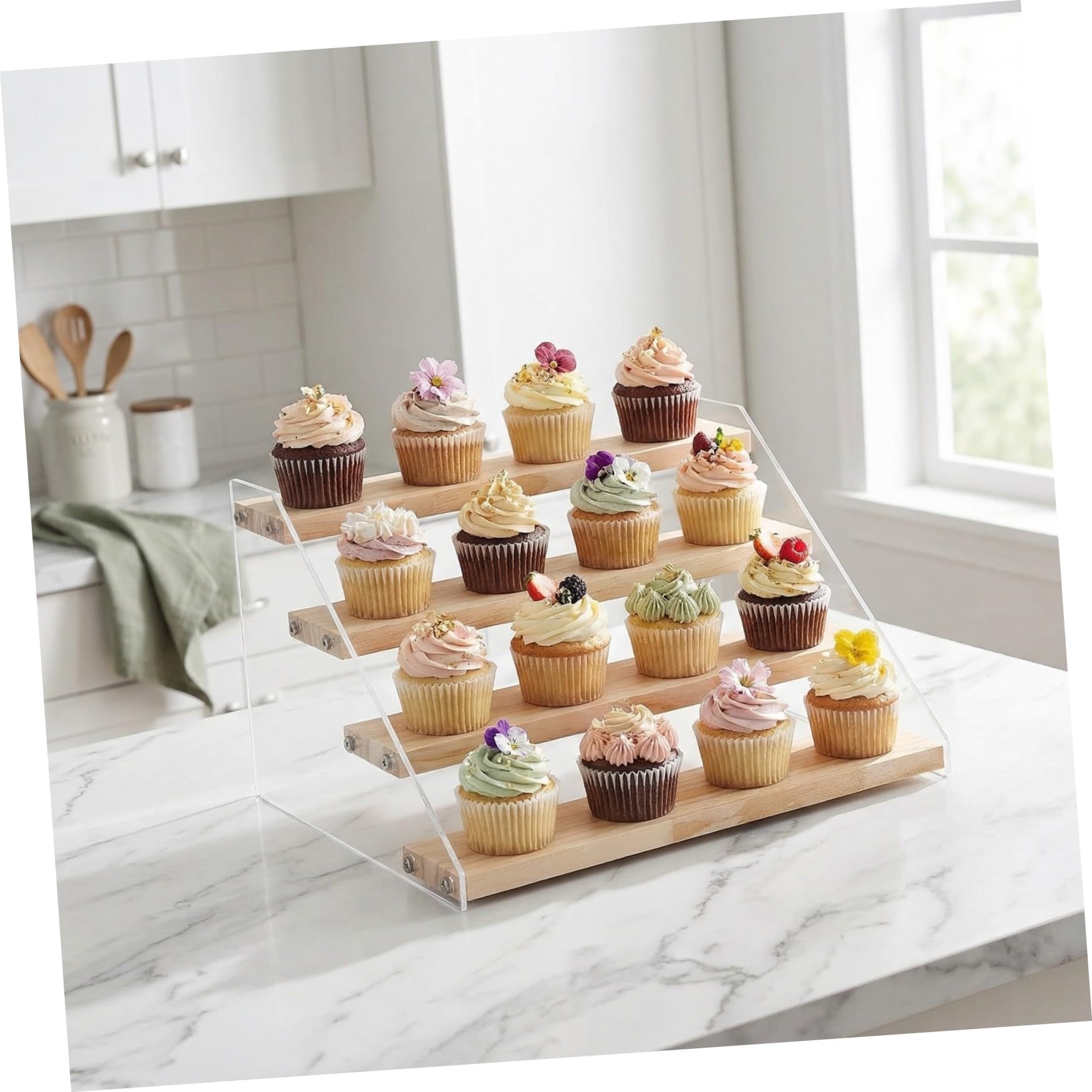 SHINEOFI Scaffale Portaoggetti a 4 Livelli in Legno e Acrilico, Espositore a Gradini per Dessert e Cosmetici, Organizer da Tavolo per Casa, Ristoranti e Eventi come Matrimoni e Feste