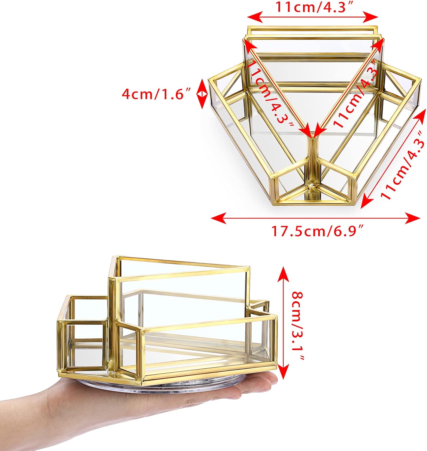 Hipiwe 360° Rotating Business Card Stand Holder 4 Slots Gold Glass Name Card Display Stand Vintage Mirrored Business Cards Organizer for Office Reception, Event, Conference Room,Desktop Use