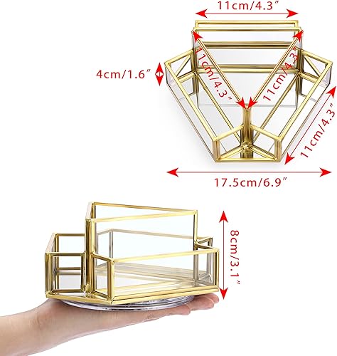 Miniatura 7 de Hipiwe Soporte giratorio para tarjetas de visita de 360, 4 ranuras de vidrio dorado, soporte de exhibición para tarjetas de presentación con espejo