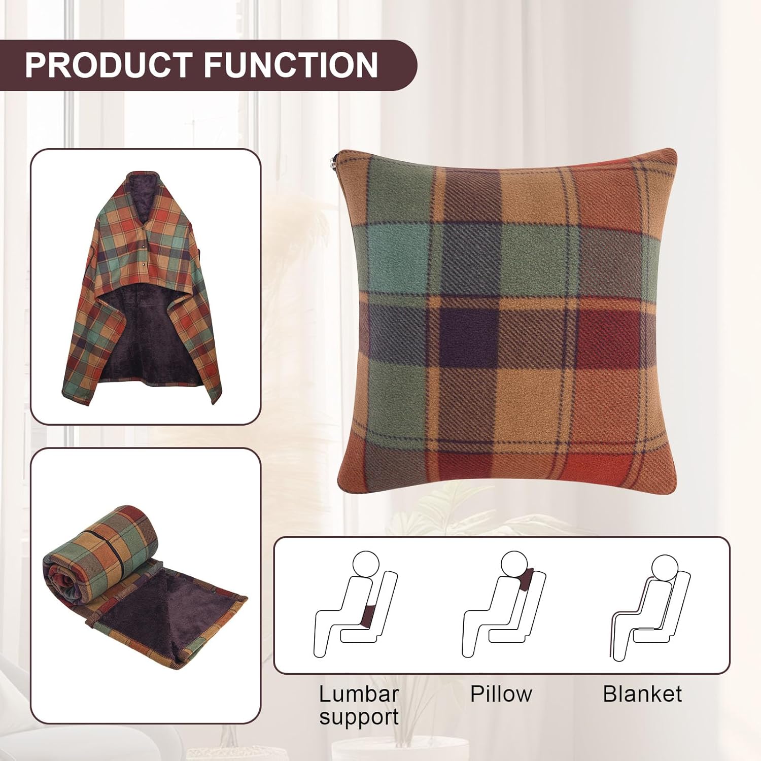 forestfish Wearable Blanket Compact Pillow 2-in-1, Lap Blanket Poncho with Button Plaid Throw Cushion for Home Office Sofa - Image 3