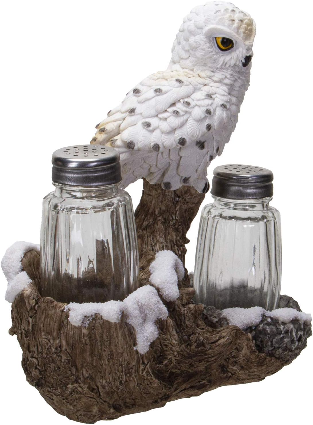 Pacific Giftware Snowy Owl Perching On Tree Branch Spiritual Realistic Decorative Glass Salt and Pepper Shakers Set with Resin Holder