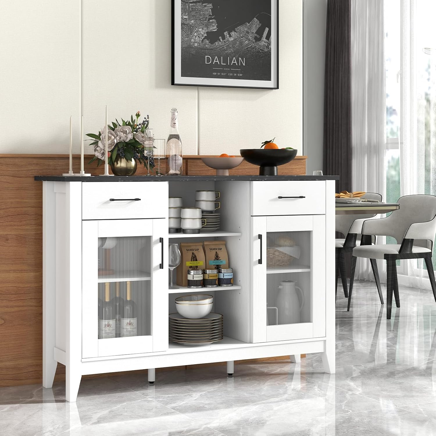 Giantex Sideboard Buffet Cabinet with 2 Drawers, Kitchen Storage Cabinet w/2 Doors, Open Compartments, Shelves, Faux Marble Top, Modern Furniture for Living Room, Coffee Bar, Entryway (White)