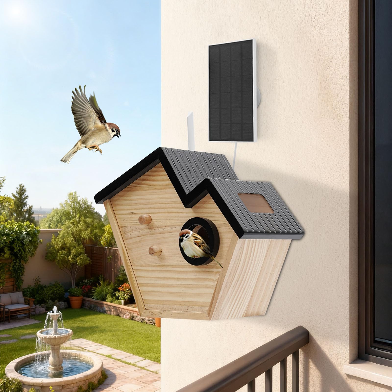 Casa de pájaros inteligente de madera con cámara, nido de pájaros alimentado por energía solar con detección de IA, nido con cámara de caza HD, visión nocturna, resistente a la intemperie