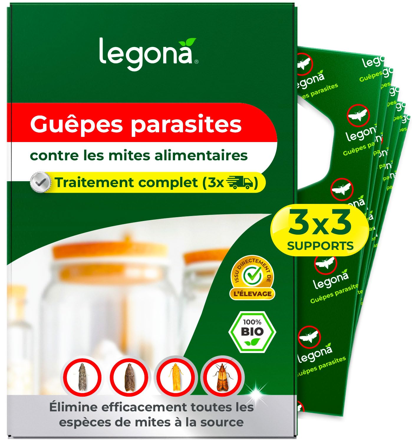 Legona Trichogrammes - 3 supports, 3 livraisons - Auxiliaires de lutte biologique contre les mites alimentaires pour cuisine et garde-manger