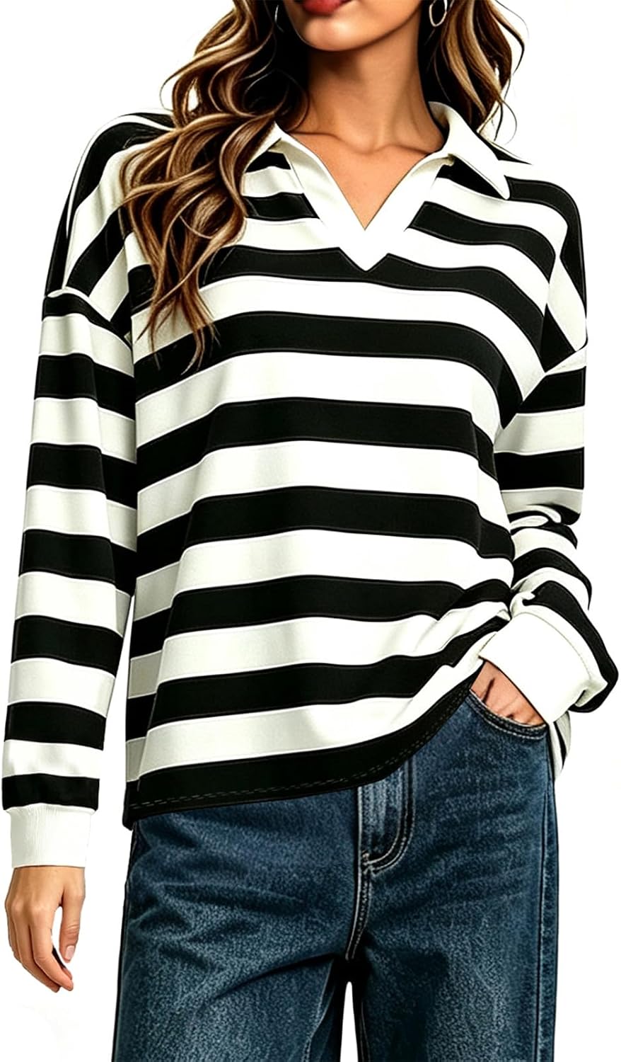 Women Oversized Striped Long Sleeve V‑Neck Rugby Polo Pullover Top