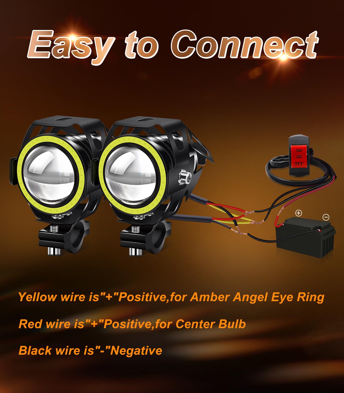 Phares LED Moto avec Blanc Halo Angel Eye, 2 Pièces avec Interrupteur