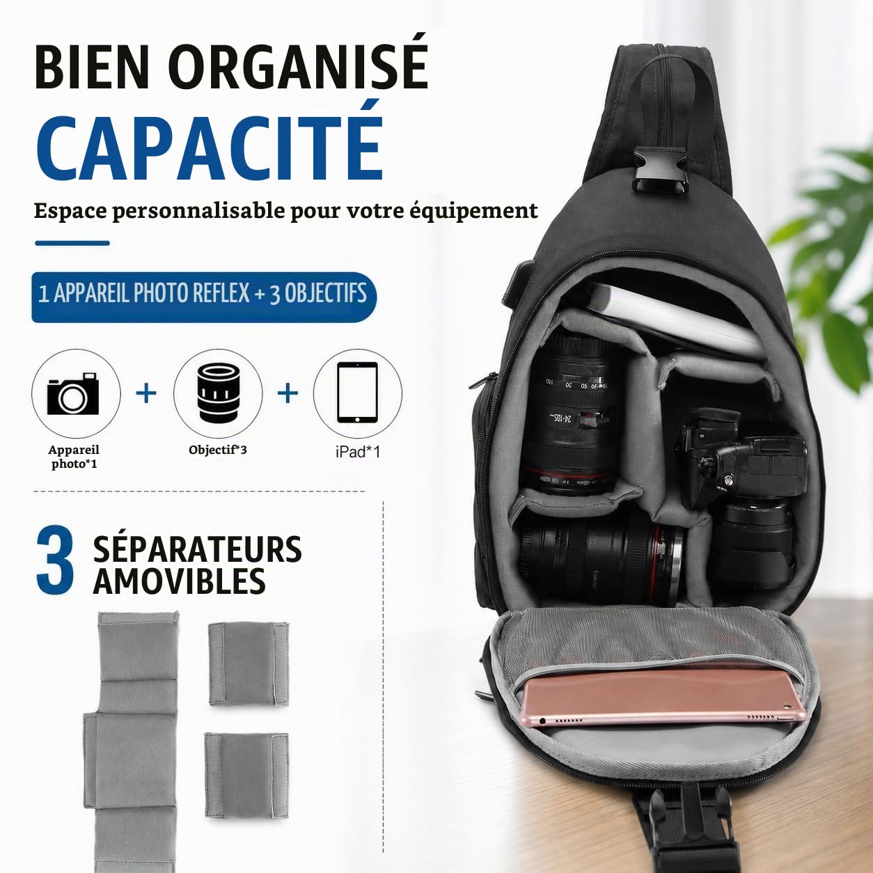 Cwatcun Sac pour Appareil Photo, Sac à bandoulière pour Appareil Photo, Sac pour Appareil Photo Reflex avec Port de Chargement USB Compatible, Sac à Dos étanche et résistant aux Chocs(2.0 Noir)