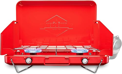 Hike Crew Estufa de camping de gas Quemador de propano doble portátil Asa de transporte incorporada, patas plegables y paneles de viento Incluye