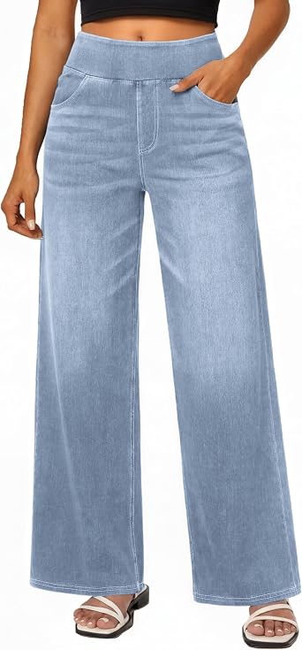 Jhsnjnr Wide Leg Jeans for Women Pull On High Waisted Tummy Control Stretchy Straight Leg Jean with Pockets Casual Denim Pants