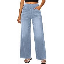 Jhsnjnr Wide Leg Jeans for Women Pull On High Waisted Tummy Control Stretchy Straight Leg Jean with Pockets Casual Denim Pants