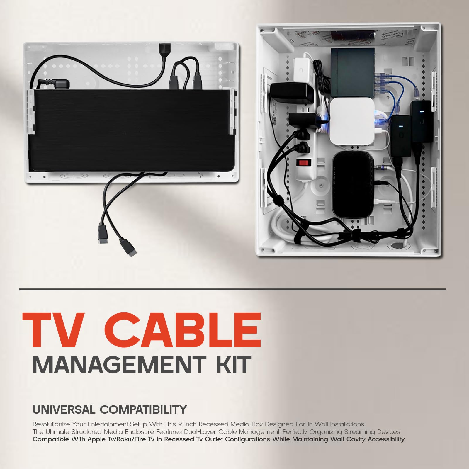 Media Box da incasso, kit di gestione dei cavi TV, in scatola multimediale a parete per Roku, Apple TV, Samsung One Connect Mini, compatibile con WiFi, doppio scopo, bianco-9