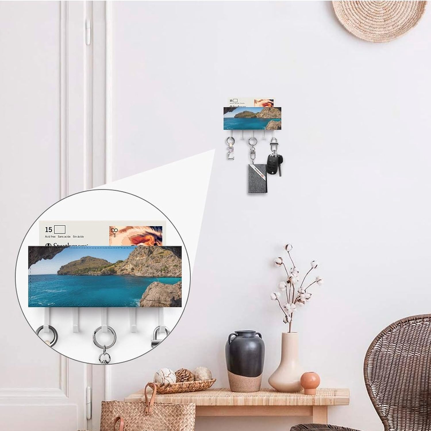 Key Holder Wall Mount Key Hanger with 5 Hooks, Decorative Key Rack | Arch in Mallorca Spain Hanging Key Hooks with Mail Organizer for Wall Living Room Kitchen Bathroom Hallway