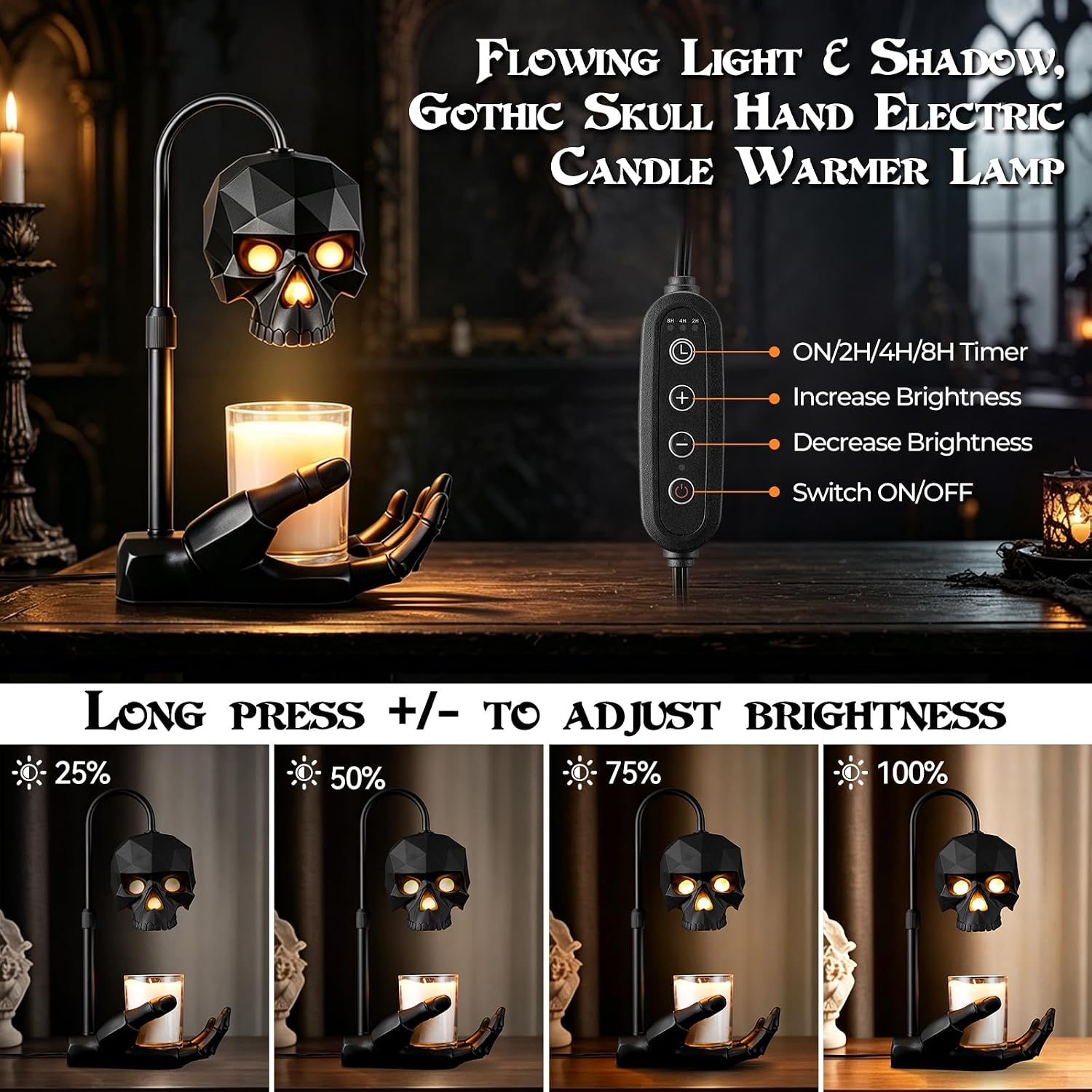 Gothic Skull Candle Warmer Lamp with Timer & Dimmer for Home Decor | Black Skeleton Hand Base,Adjustable Height,2 Bulbs Included,Spooky Gothic Halloween Witchy Gift,Candles Not Included