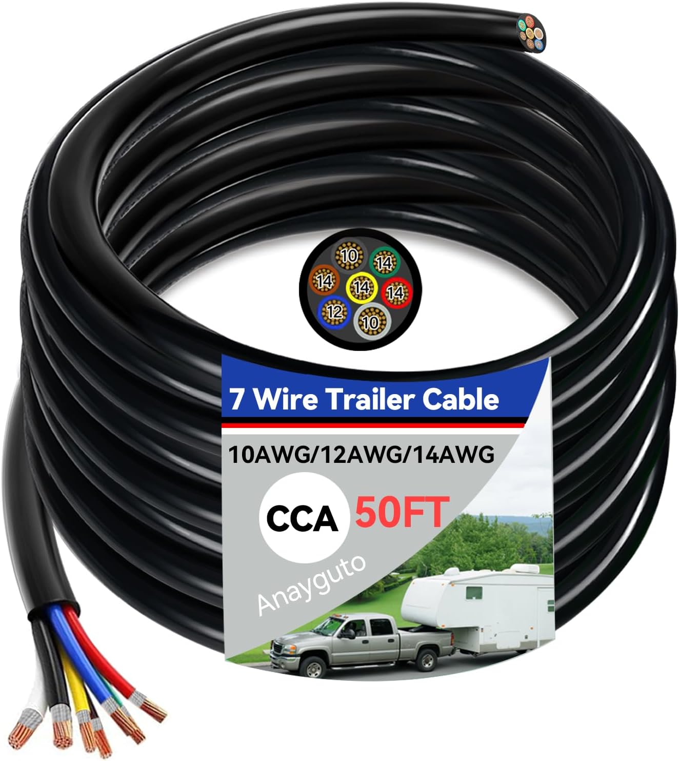 30 FT Heavy Duty 7 Wire Trailer Cable CCA 14/12/10 AWG Multi Gauge Insulated Stranded Copper Clad Aluminum 7 Way Trailer Wire for RV Camper Truck - 30 FT Roll