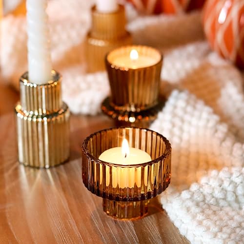 Miniatura 6 de Juego de 6 portavelas dorados para velas de candelita, juego de candelabros cónicos de vidrio acanalado, centros de mesa para Acción de Gracias,