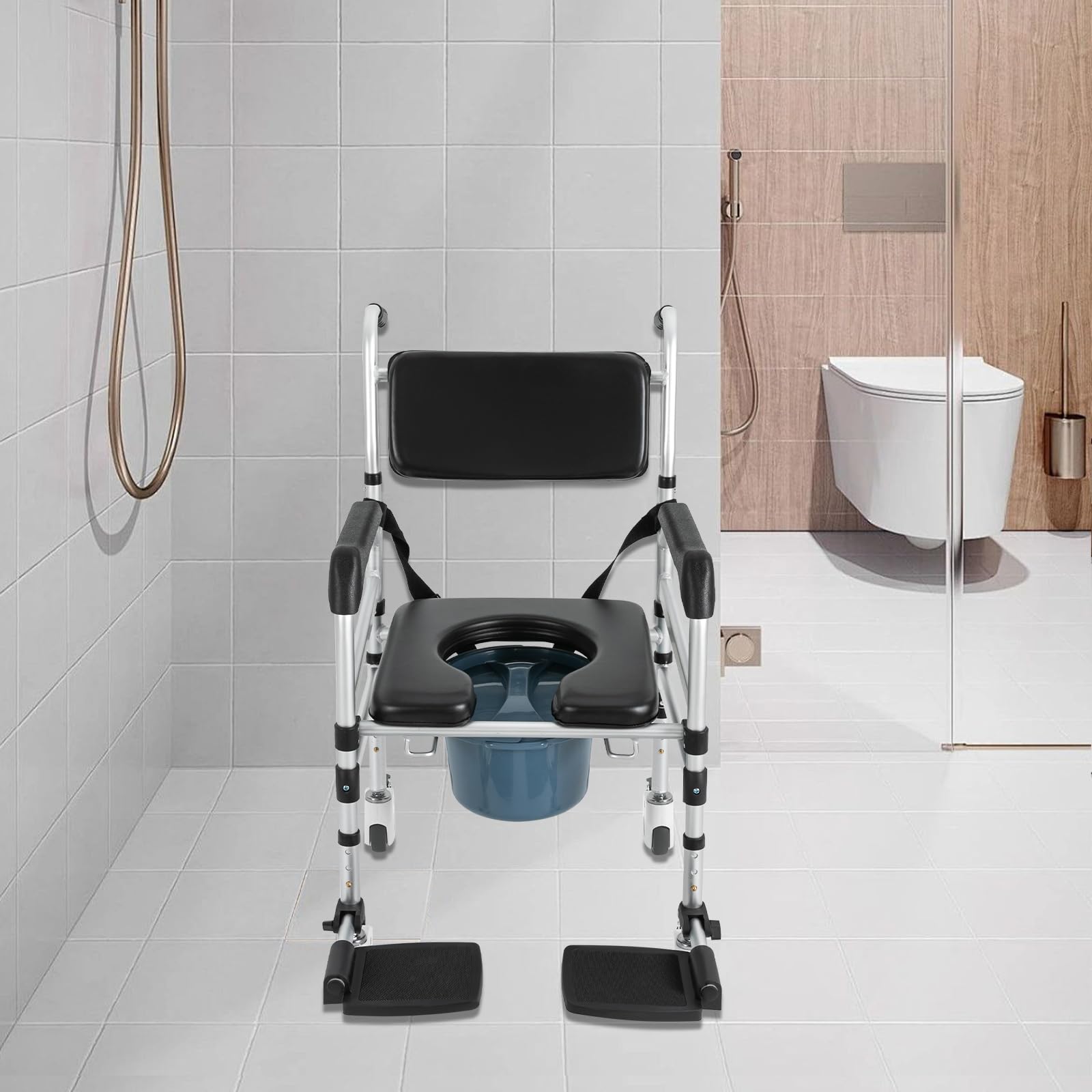 Silla de ducha con ruedas con 4 ruedas bloqueables, reposapiés, brazos plegables, altura ajustable, cubo extraíble, capacidad de 160 kg, silla de inodoro