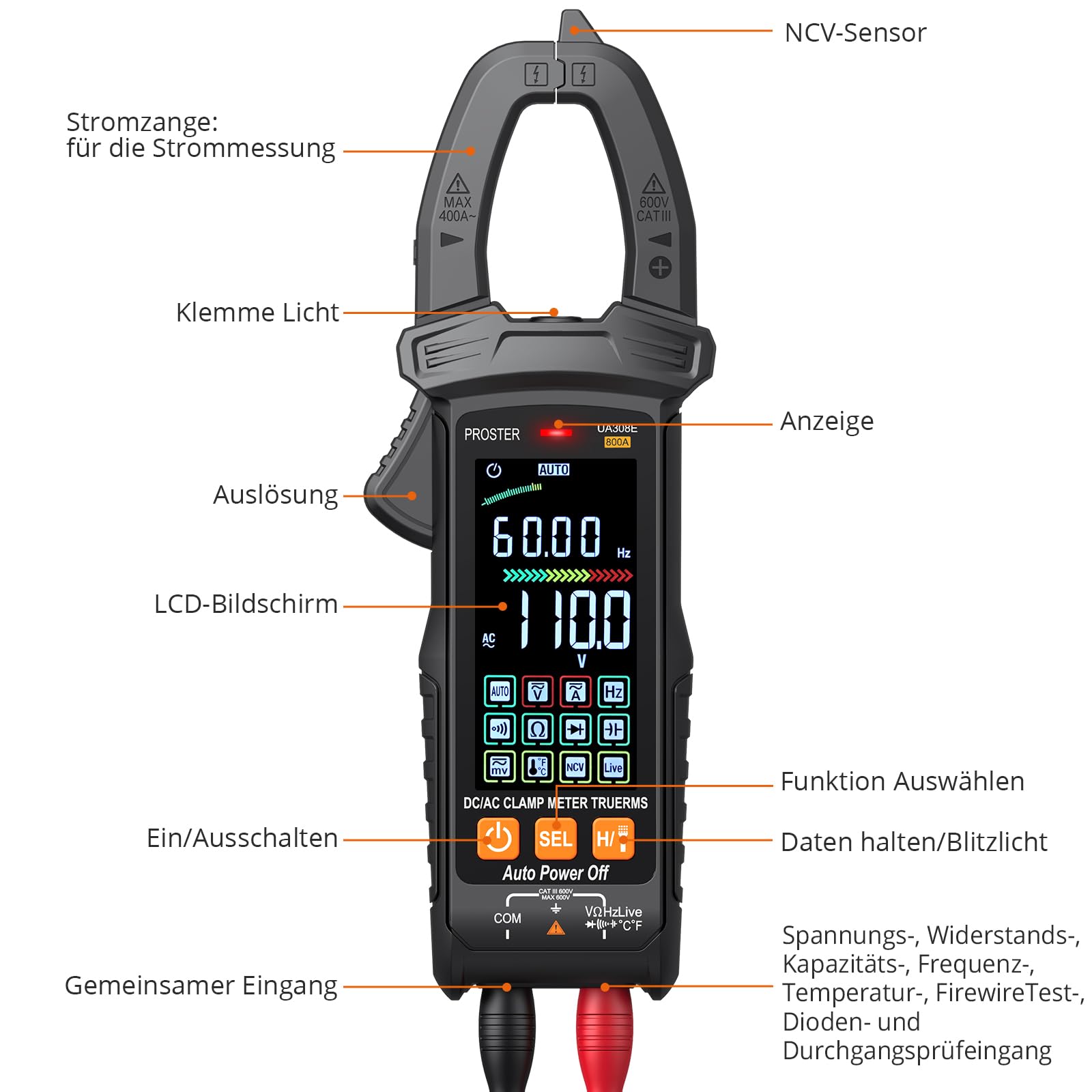 Proster Stromzange 6000 Zählungen Auto Range 800A AC/DC Strom 600V AC/DC Spannung NCV Stromführende Leitung Widerstand Diode Temperatur Kontinuität mit Aufbewahrungstasche Messleitungen