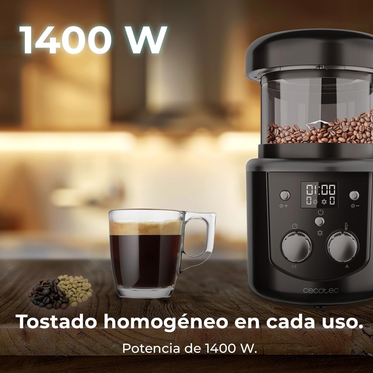 Cecotec Torréfacteur de Café en Grains Électrique Roaster Booster. 1400W, Torréfaction Automatique ou Manuelle, Torréfaction Homogène, Capacité de 100-150g, Temps Réglable 8-15 minutes.