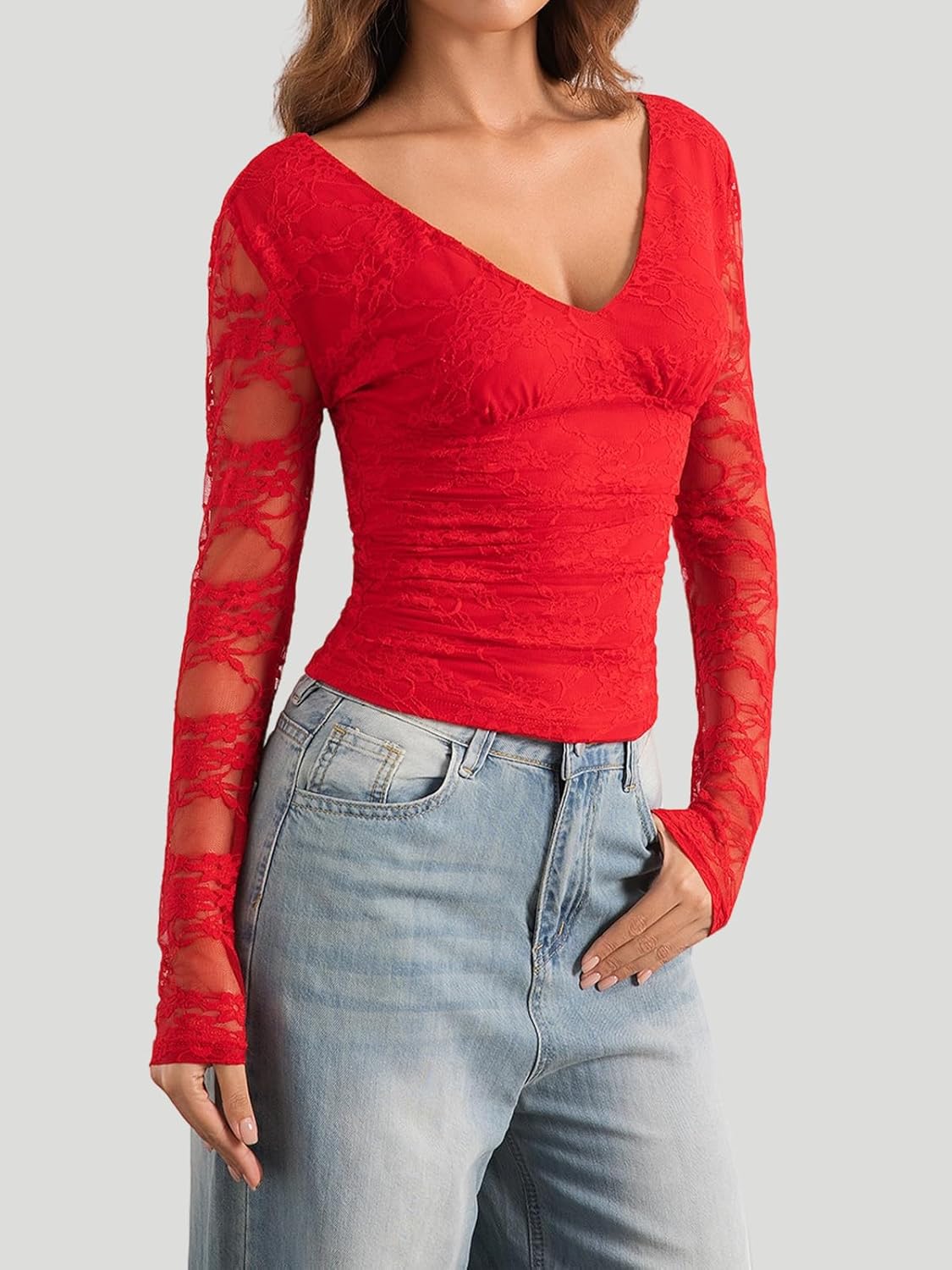 WISFRUIT Women's Sexy Deep V-Neck Lace Long Sleeve Shirts Double Lined Slim Fitted Backless Tie Going Out Crop Top - Image 4