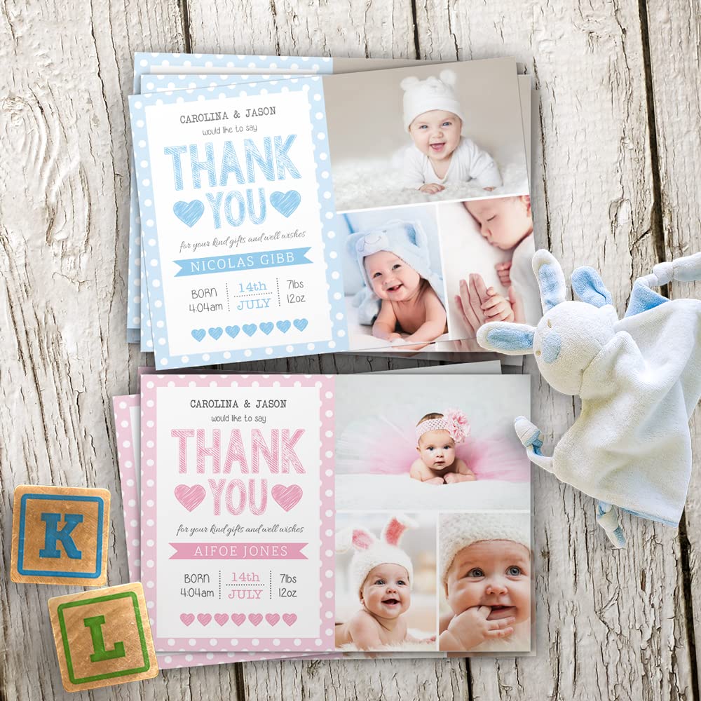 Baby Thank You Cards, Personalised, Birth Announcement, Girl or Boy Thank You Cards (Design 8)