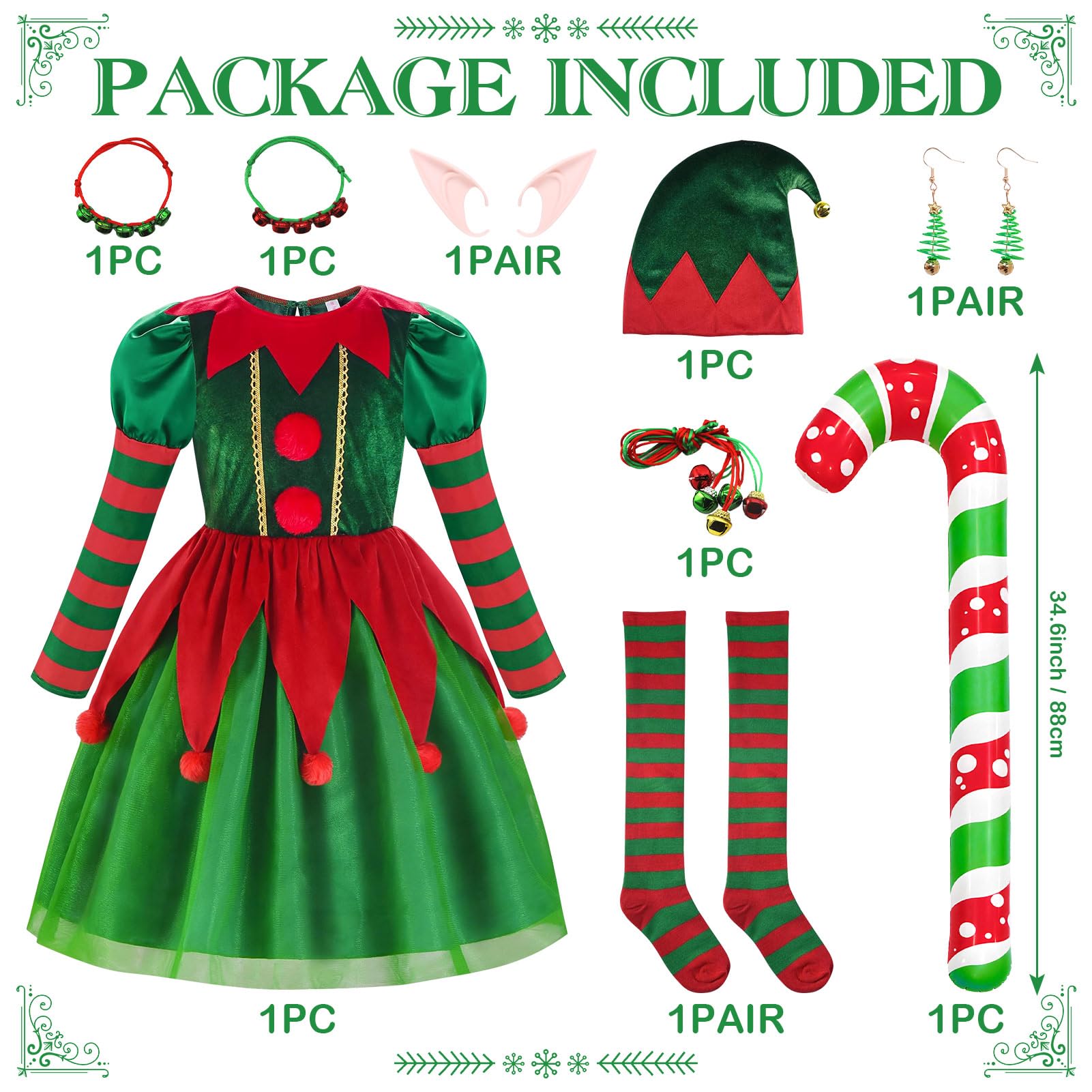 SERTAS Girls Christmas Elf Costume,Santa’s Little Helper Dress Set including Hat,Socks,Bell Bracelets,Bell Necklaces,Cane,Horn,Elf Earrings & Ears - Image 2
