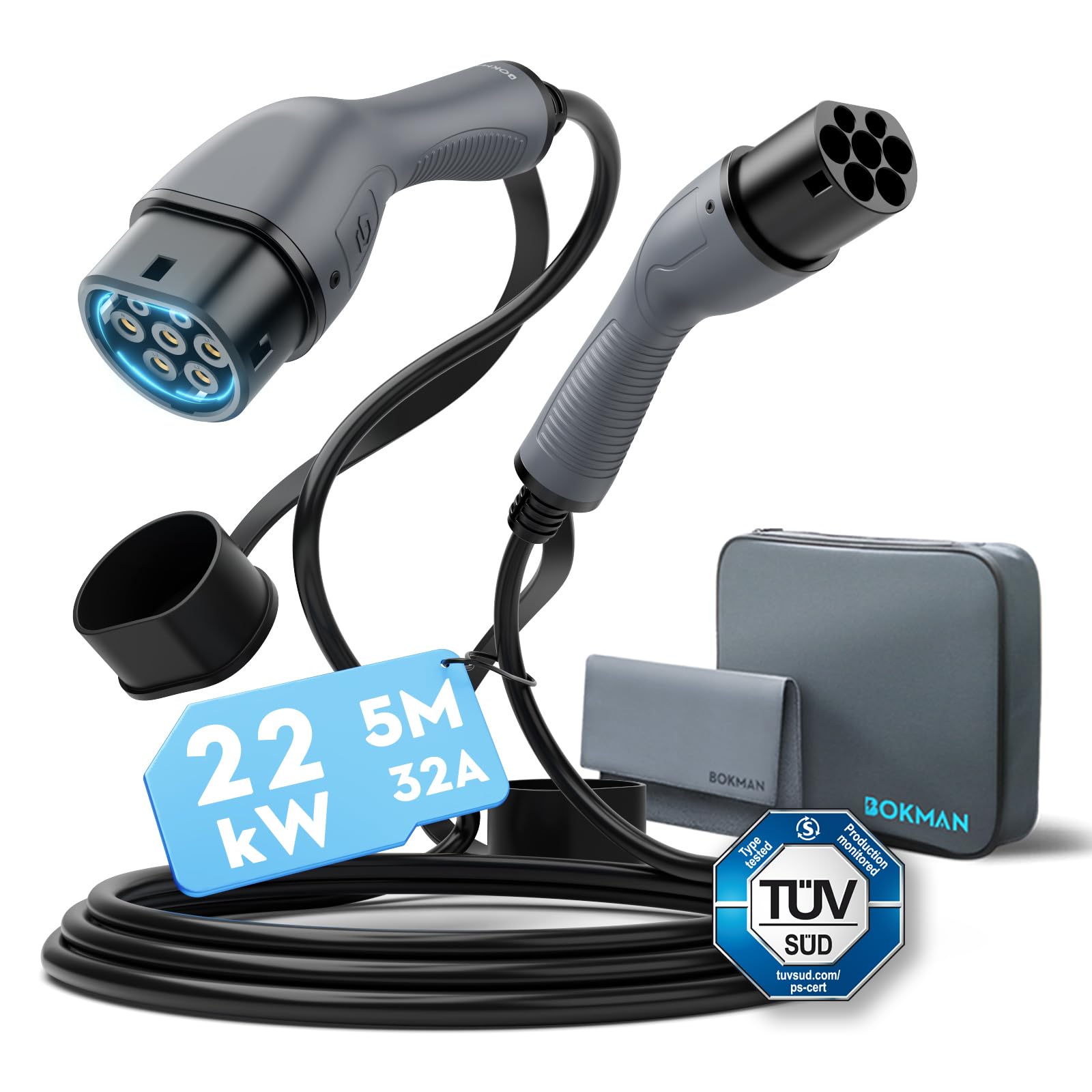bokman EV Cable de Carga Tipo 2 22kW 5 Metros
