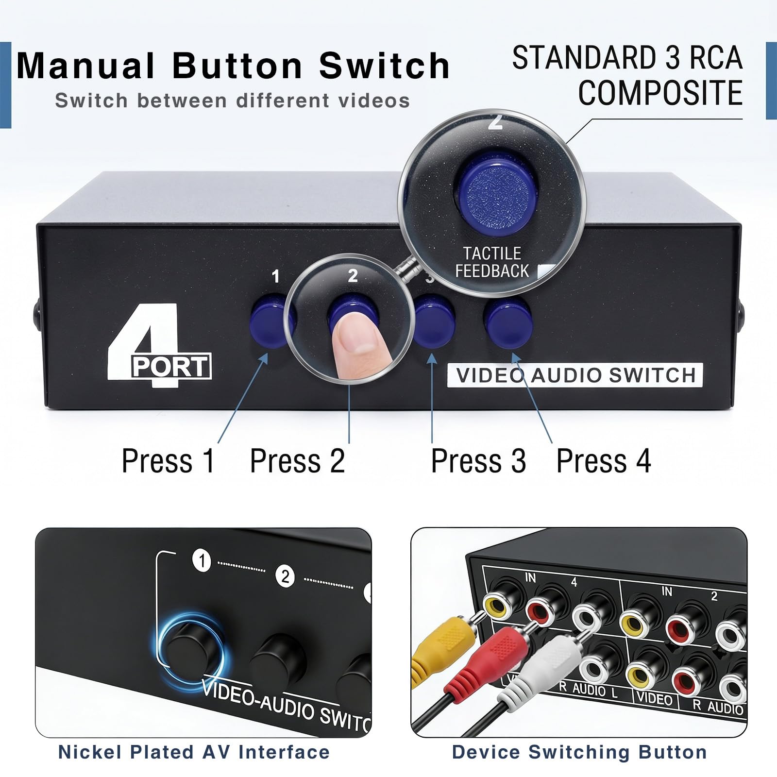 分配器 AVセレクター 本体 Amazon | Duttek AV切替器, RCA分配器, RCAスイッチボックス、4ポート