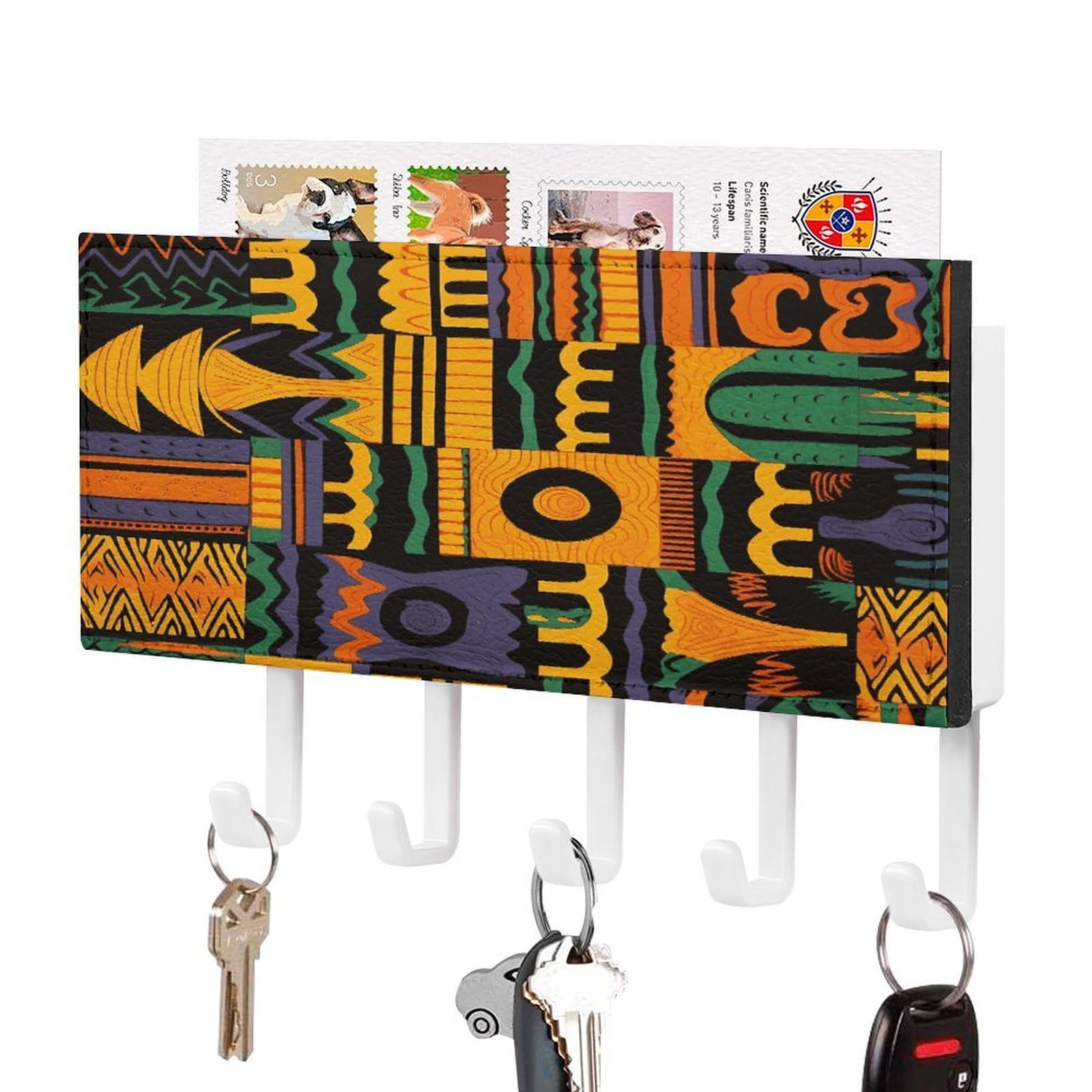 FekiLoot African Ethnic Pattern1 Key Holder Wall Mount Key and Mail Holder Key Hanger with 5 Hooks Decorative PU Key Rack Hanging Key Hooks for Wall Living Room Kitchen Bathroom Hallway White-Style