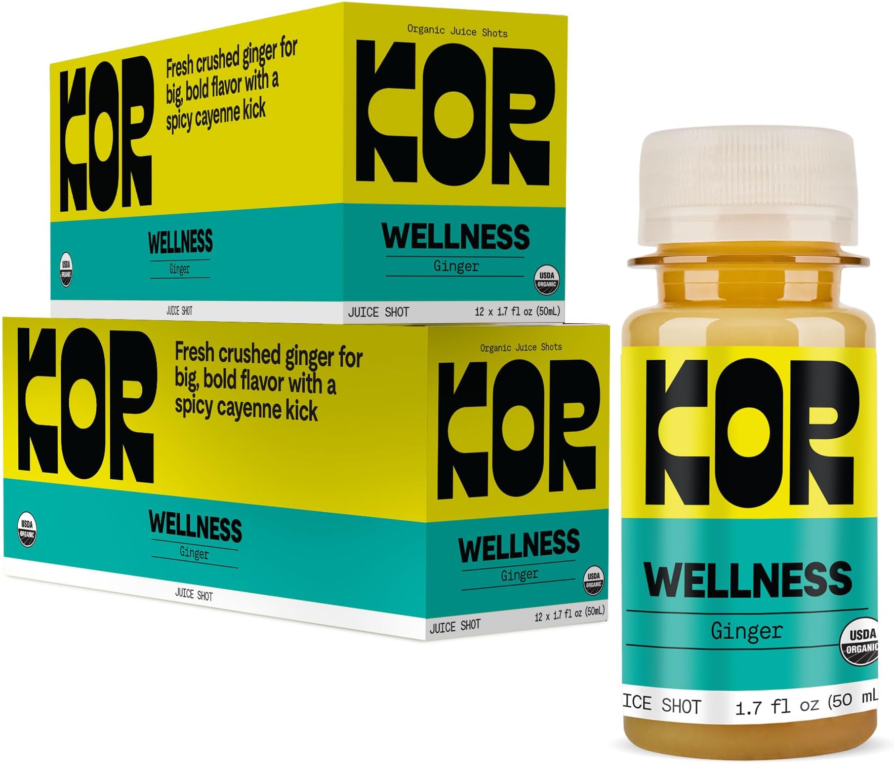 Kor Shot Ginger Shot - 24 Pack x 1.7 Fl Oz - Wellness Shot - Freshly Pressed Ginger and Cayenne Natural Energy Boost Shot - USDA Certified Organic