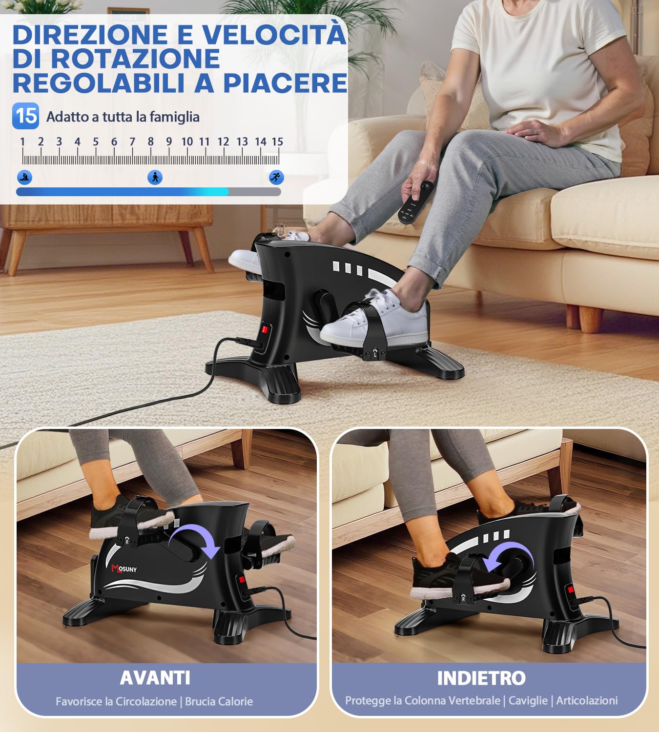 MOSUNY Pedaliera Riabilitazione, Cyclette da Seduta 2025 Elettrica Pedaliera per Anziani, 15 Livelli di velocità & Ampio Display LCD, Mini Cyclette da Seduti con Telecomando e Tappetino Antiscivolo