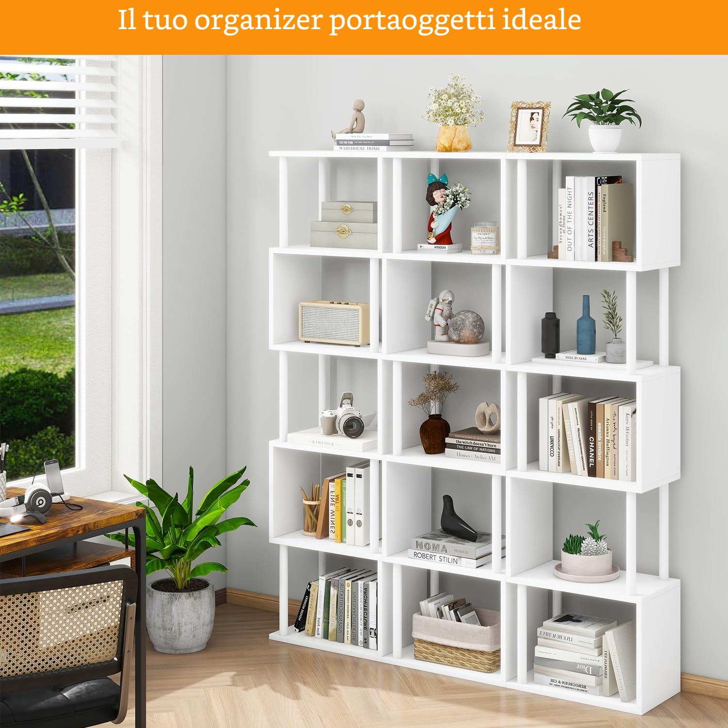 IBUYKE Libreria alta a 5/6 ripiani, libreria geometrica a forma di S, ripiani in legno con contenitore, libreria moderna per soggiorno, camera da letto, ufficio domestico, bianco WBC016W