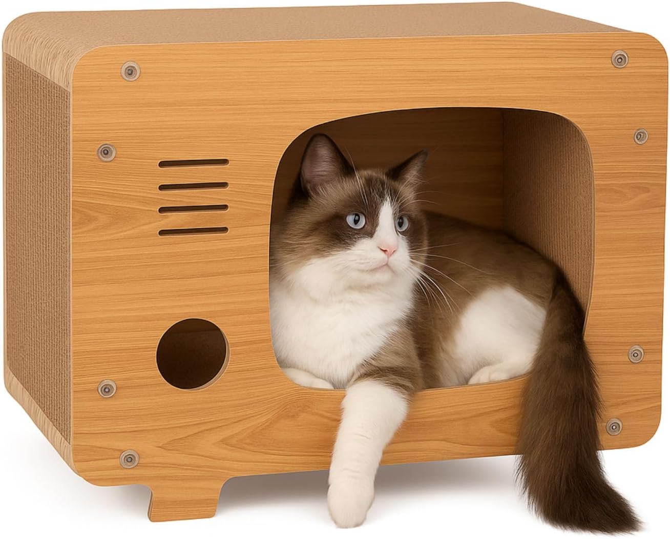 Petsona TV-Box Shaped Cat Scratcher – Interactive Scratching Post and Dome for Self-Entertainment – Durable and Stable Furniture for Large and Small Cats, Beige