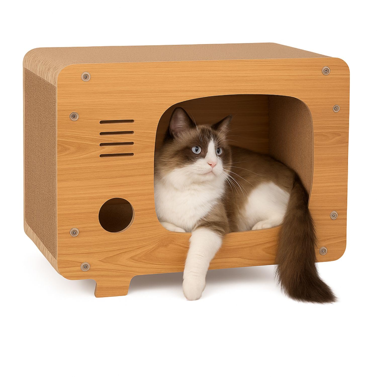 Petsona TV-Box Shaped Cat Scratcher - Interactive Scratching Post and Dome for Self-Entertainment - Durable and Stable Furniture for Large and Small Cats, Beige