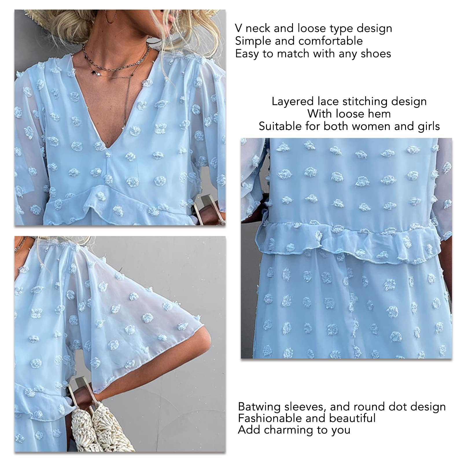 Abito da Donna Allentato con Scollo a V, Elegante Abito a Maniche Corte con Cuciture in Pizzo a Strati Abito Allentato in Stile Casual per Abbigliamento Estivo, Abito Estivo a Pois con(M-Azzurro)