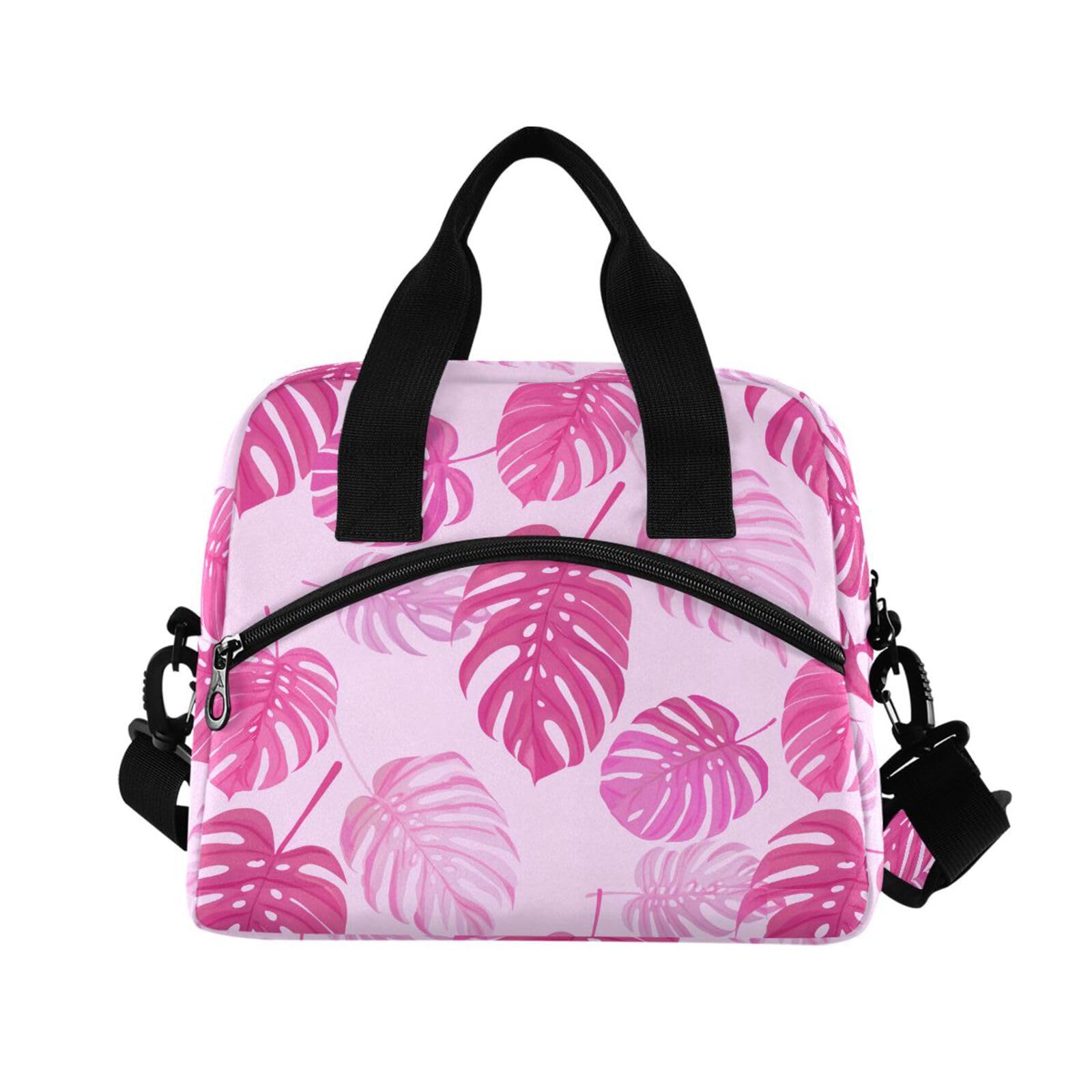 Sinestour Insulated Lunch Bag Reusable Cooler Monstera Leaf Pink Lunch Box Adjustable Shoulder Strap for Adults Men Women