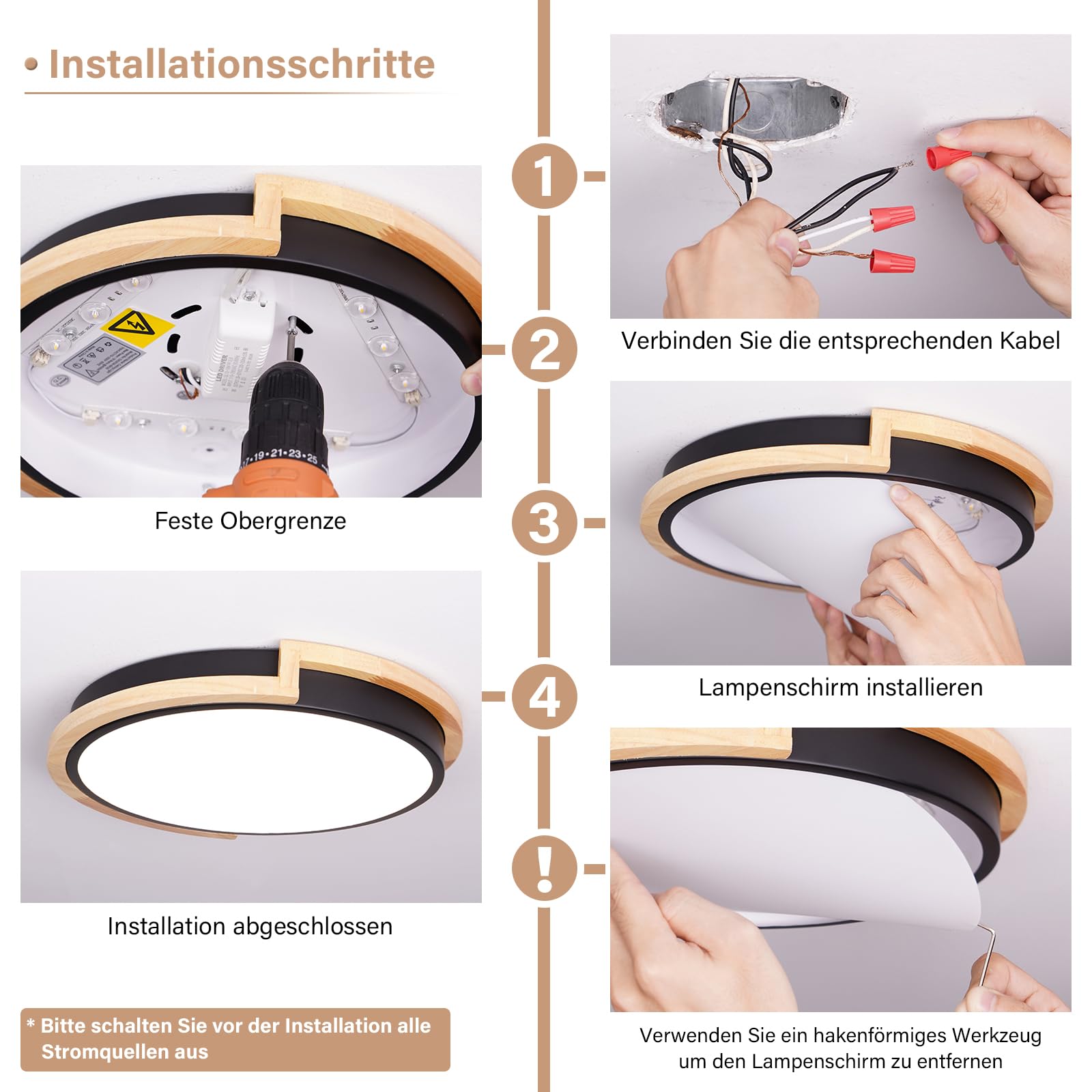 WOKNOS Plafonnier LED, Plafonnier Noir, Luminaire 30cm, Lampe pour Chambre Salon Cuisine Couloir Salle à Manger 4000K 24W