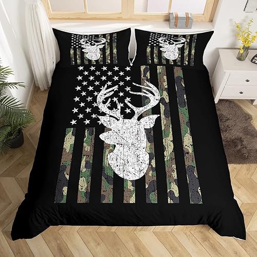 Juego de ropa de cama de camuflaje verde militar, tamaño King, funda de edredón de caza de ciervos y camuflaje con bandera estadounidense, funda de