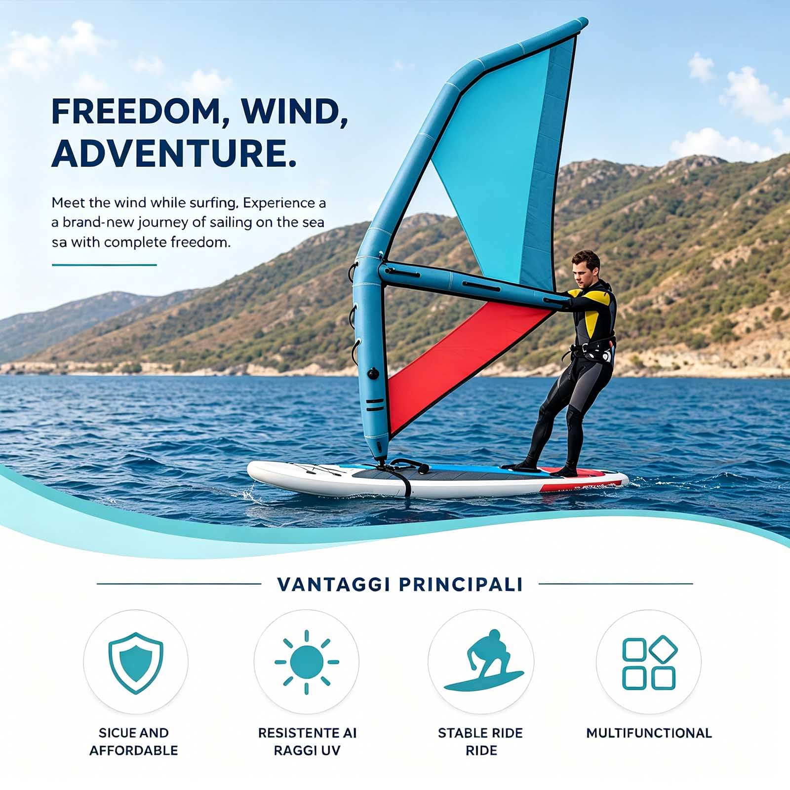 Vela Da Windsurf, Vela Gonfiabile Portatile Per Tavola Da Stand Up Paddle Con Base Girevole A 360° | Finestra Di Sicurezza | Zaino | Tessuto In Pvc Oxford Per Windsurf, Avventura, 4,3 M